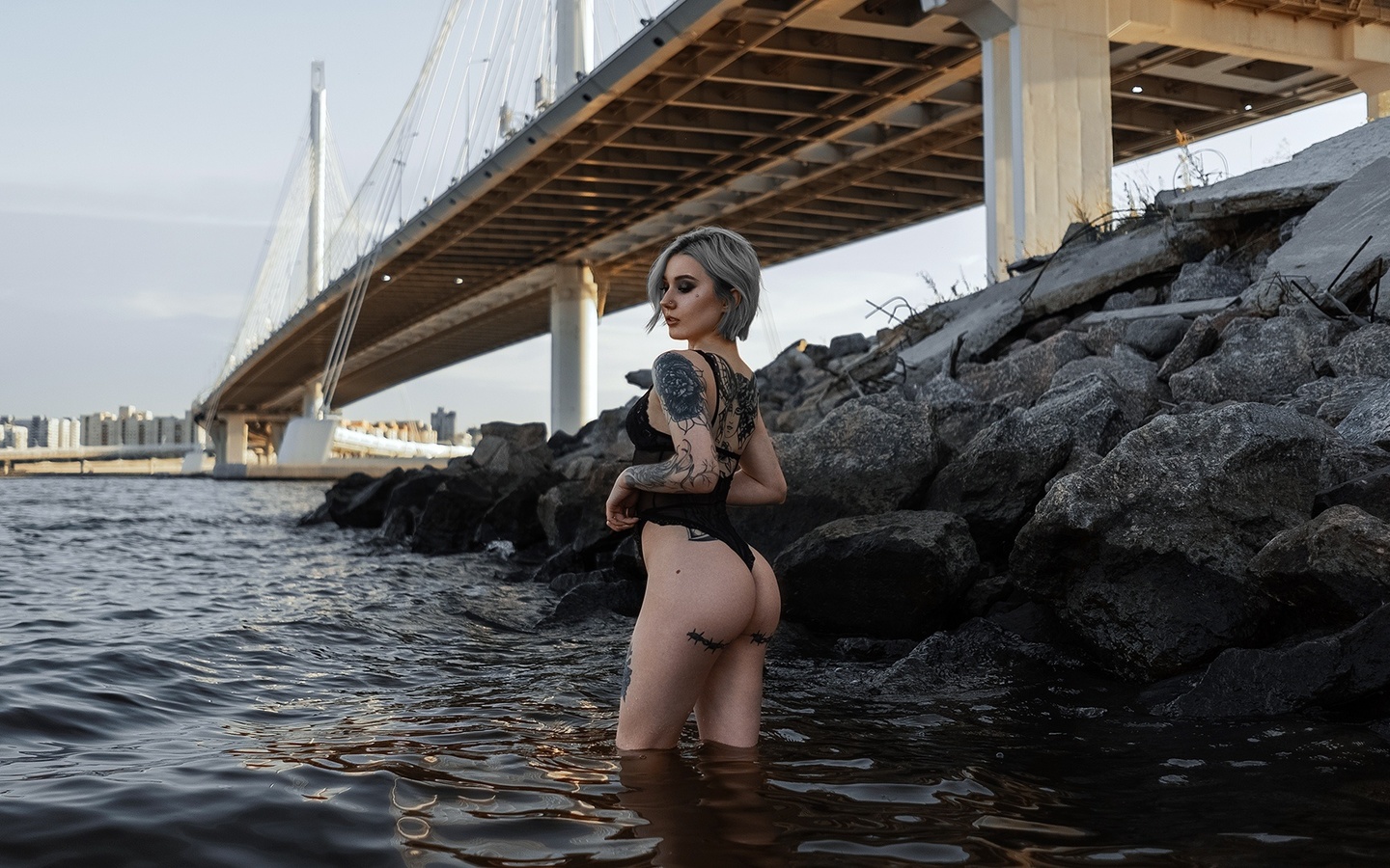 women, dyed hair, ass, river, bridge, rocks, body lingerie, tattoo, black lingerie, women outdoors, pierced nose