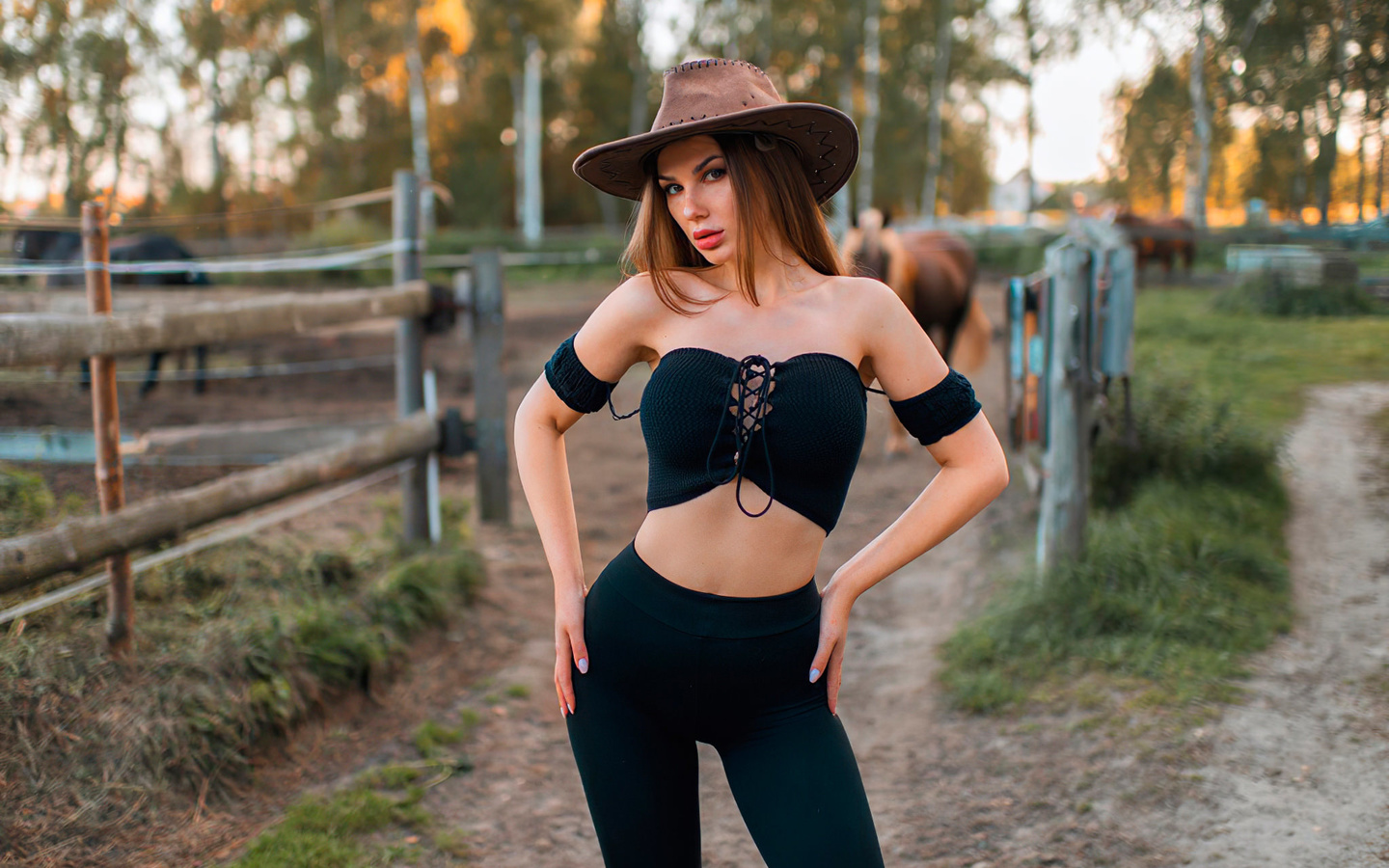 women, hat, bare shoulders, leggings, belly, women outdoors, trees, portrait, painted nails, horse, brunette, hands on hips, red lipstick, black clothing