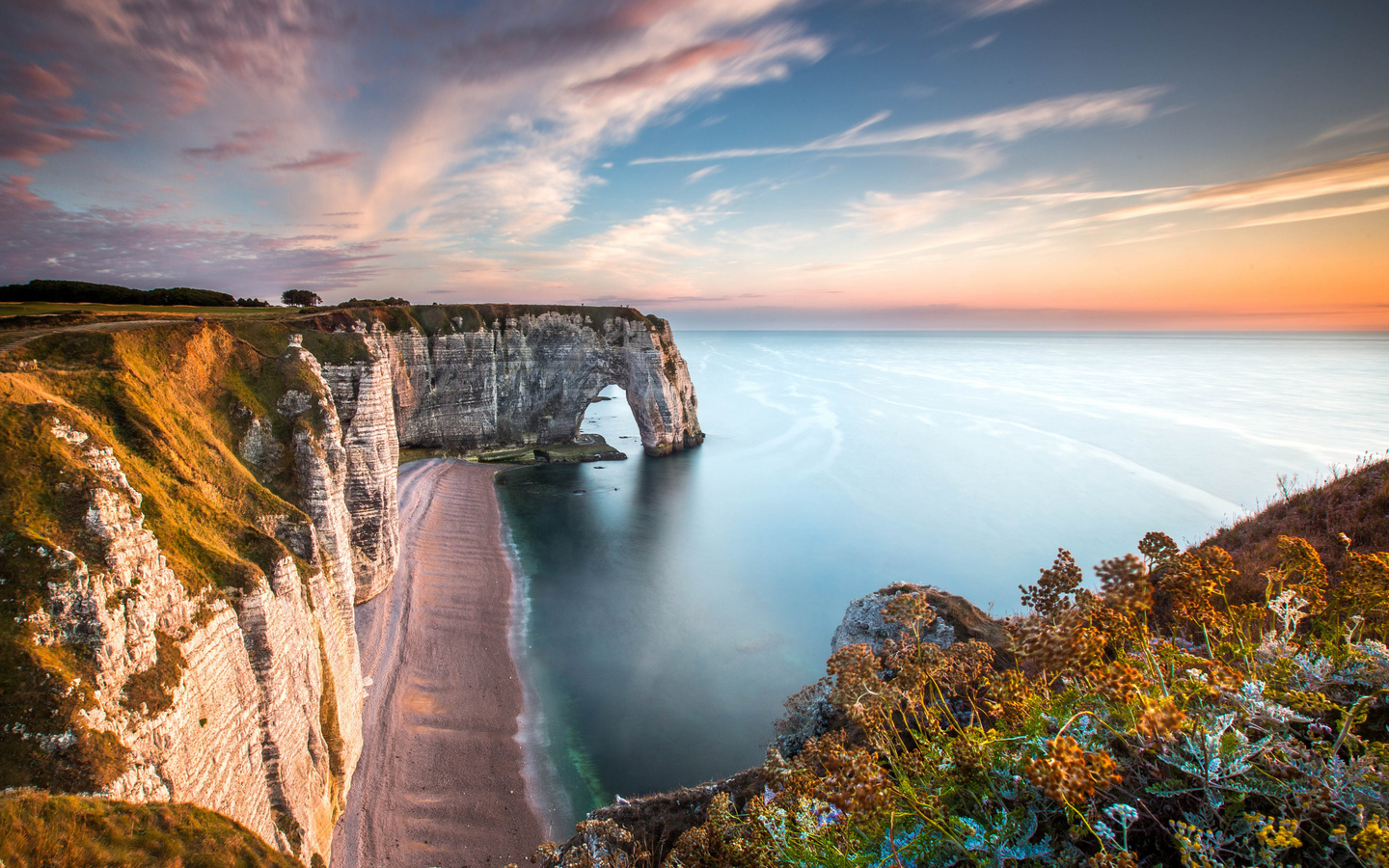 etretat, le havre, cliffs, coast, evening, sunset, ocean, normandie, france