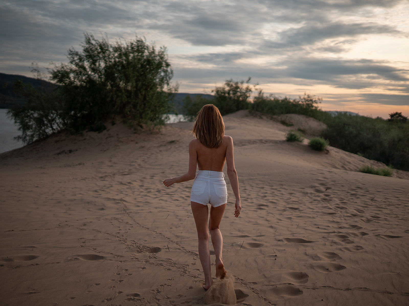 women, sand, women outdoors, brunette, jean shorts, back, river, sunset, topless, skinny