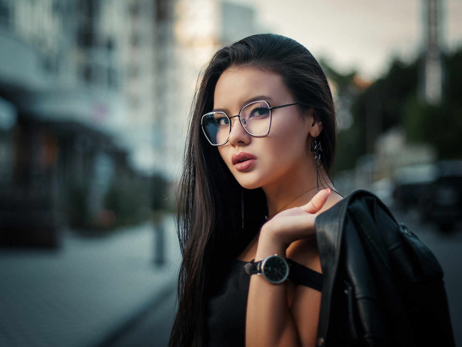 women, portrait, face, watch, women with glasses, women outdoors, leather jackets