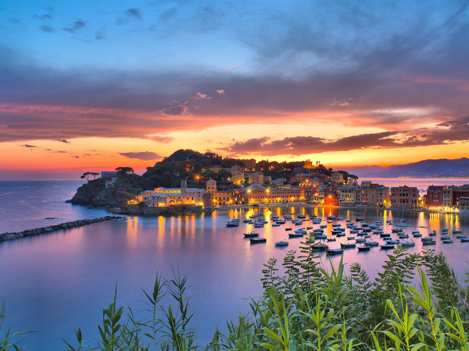 sestri levante, evening, sunset, bay, yachts, bay with boats, liguria, italy