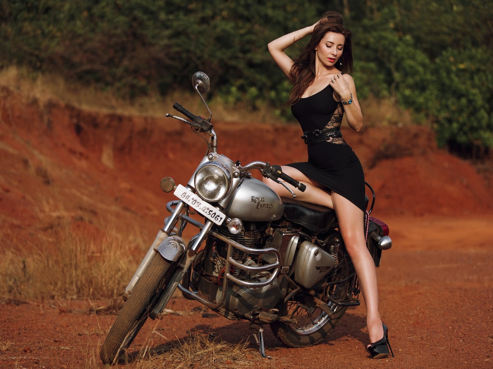 women, high heels, women outdoors, women with motorcycles, red lipstick, black dress, motorcycle, royal enfield, tight dress