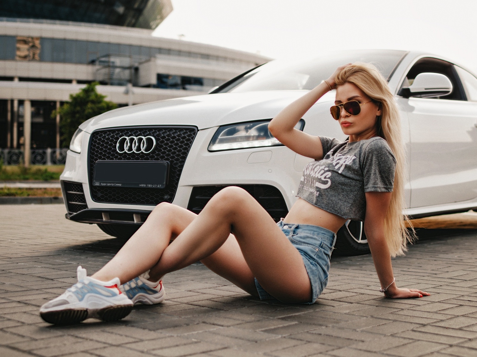 women, blonde, long hair, sunglasses, jean shorts, sneakers, sitting, audi, crop top, belly, women outdoors, brunette, red nails