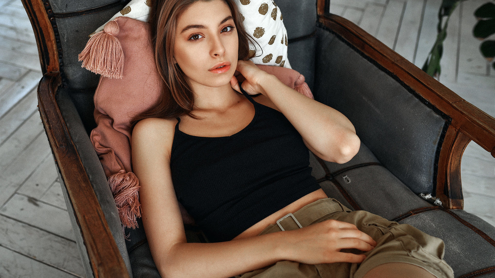 women, portrait, chair, tank top, brunette, plants, belt