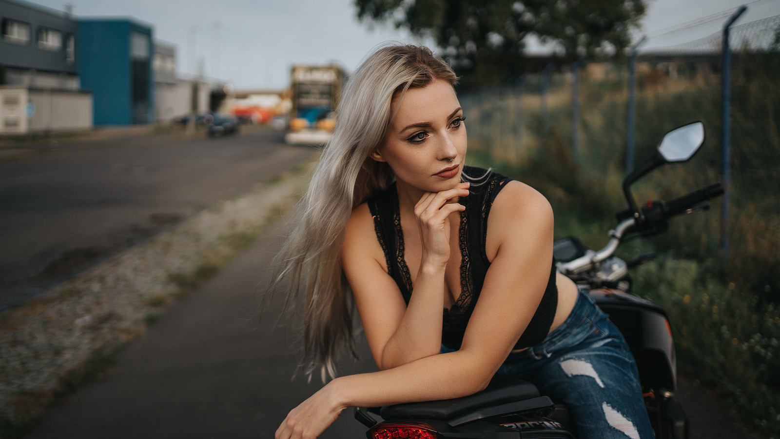 women, long hair, torn jeans, women with motorcycles, nose ring, brunette, andreas-joachim lins, women outdoors, looking away