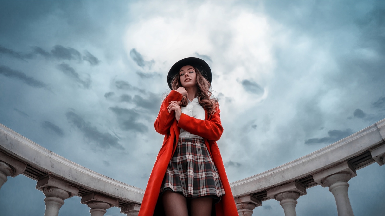 women, hat, portrait, plaid skirt, sky, clouds, coats