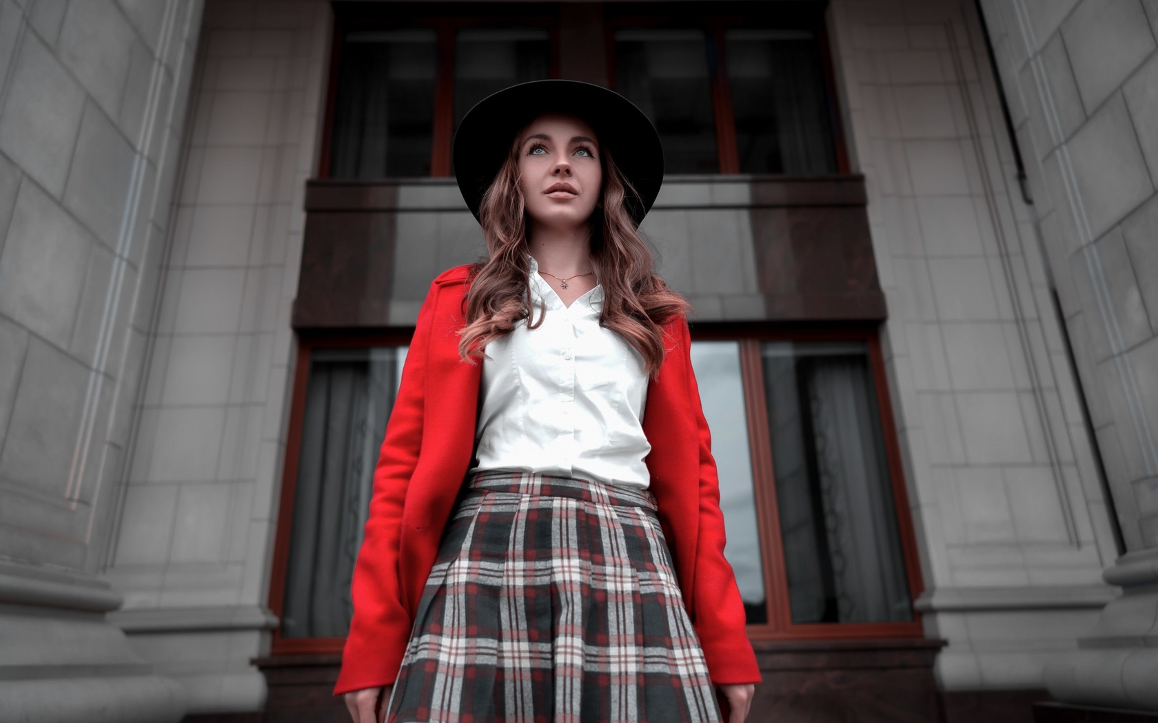 women, hat, portrait, plaid skirt, necklace, coats