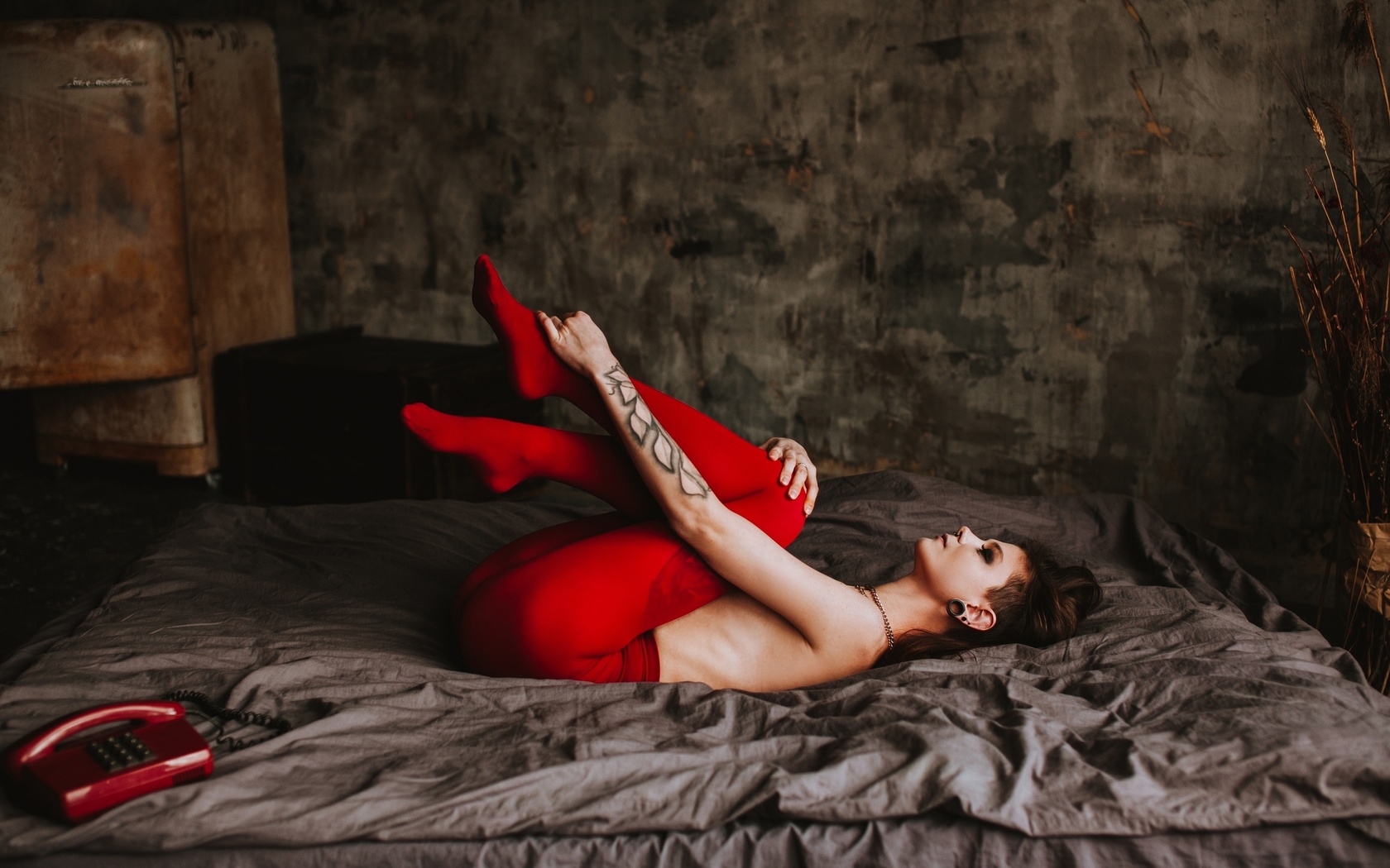 women, phone, ass, tattoo, topless, ribs, fridge, wall, feet in the air, leggings, closed eyes, in bed