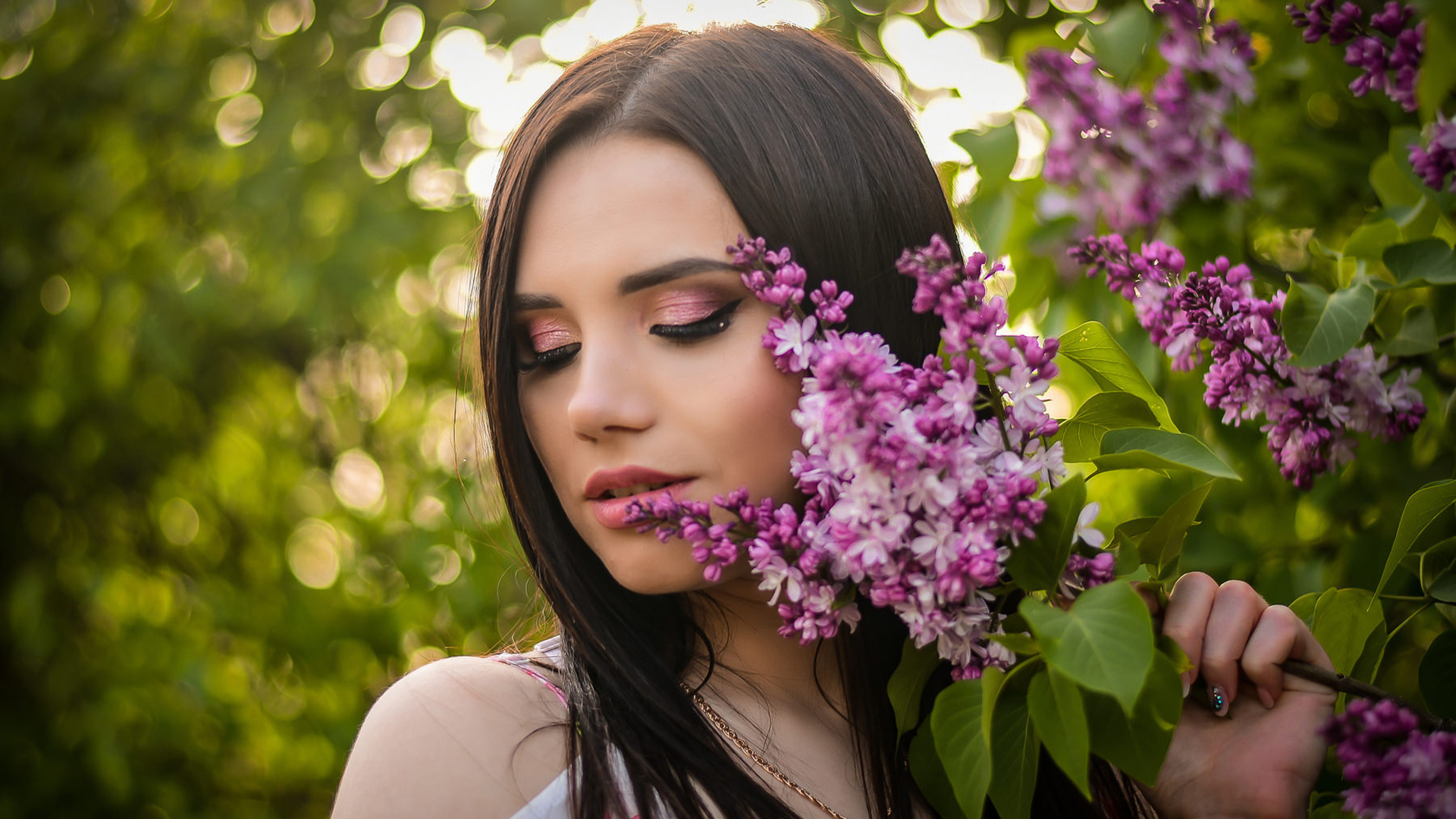 women, portrait, dress, bare shoulders, straight hair, women outdoors, necklace, pink lipstick,   ()