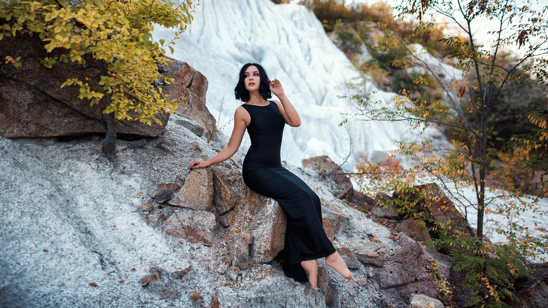 women, black dress, women outdoors, black nails, sitting, looking away