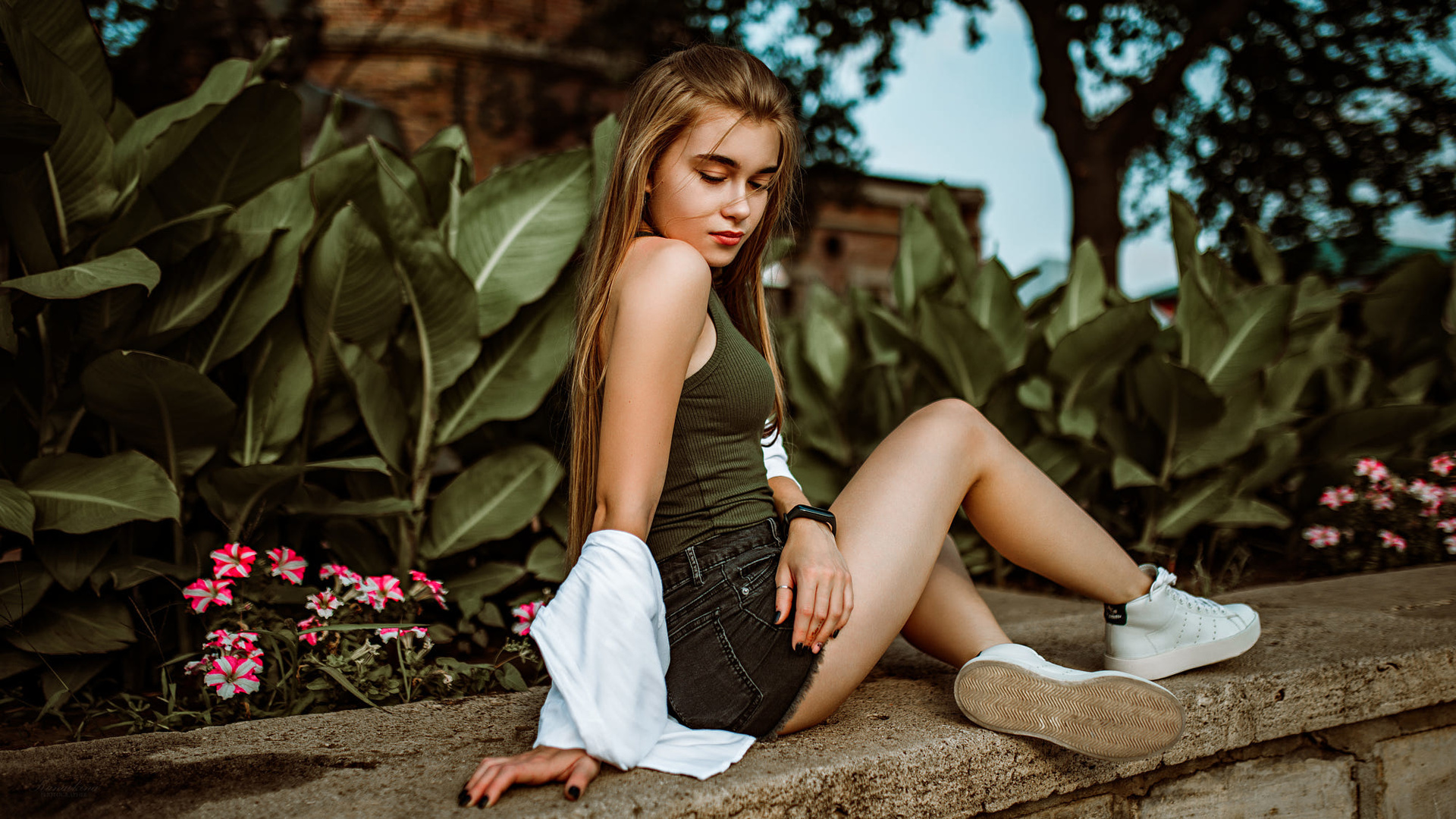 women, long hair, red lipstick, sneakers, jean shorts, sitting, plants, black nails, trees