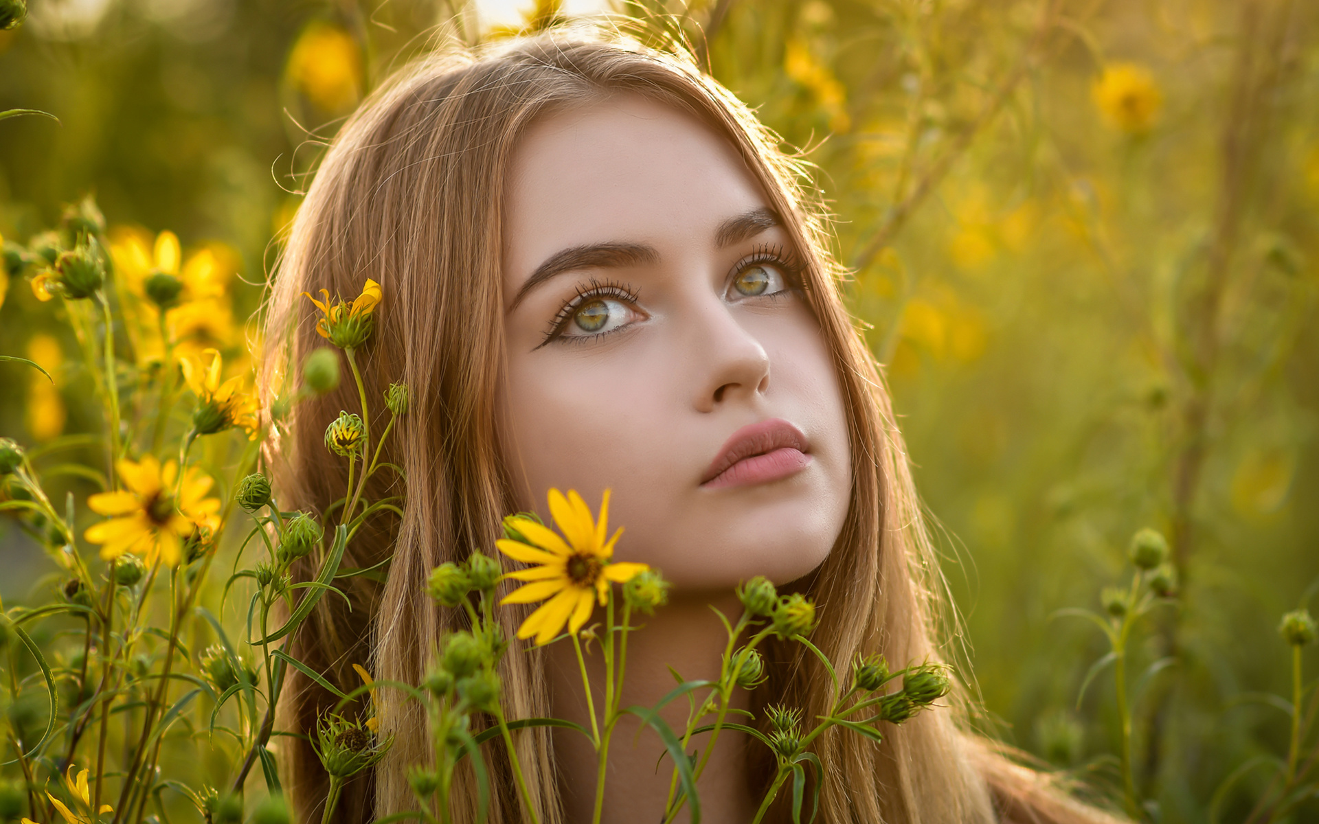 women, face, portrait, eyeliner, flowers, pink lipstick, women outdoors,   ()