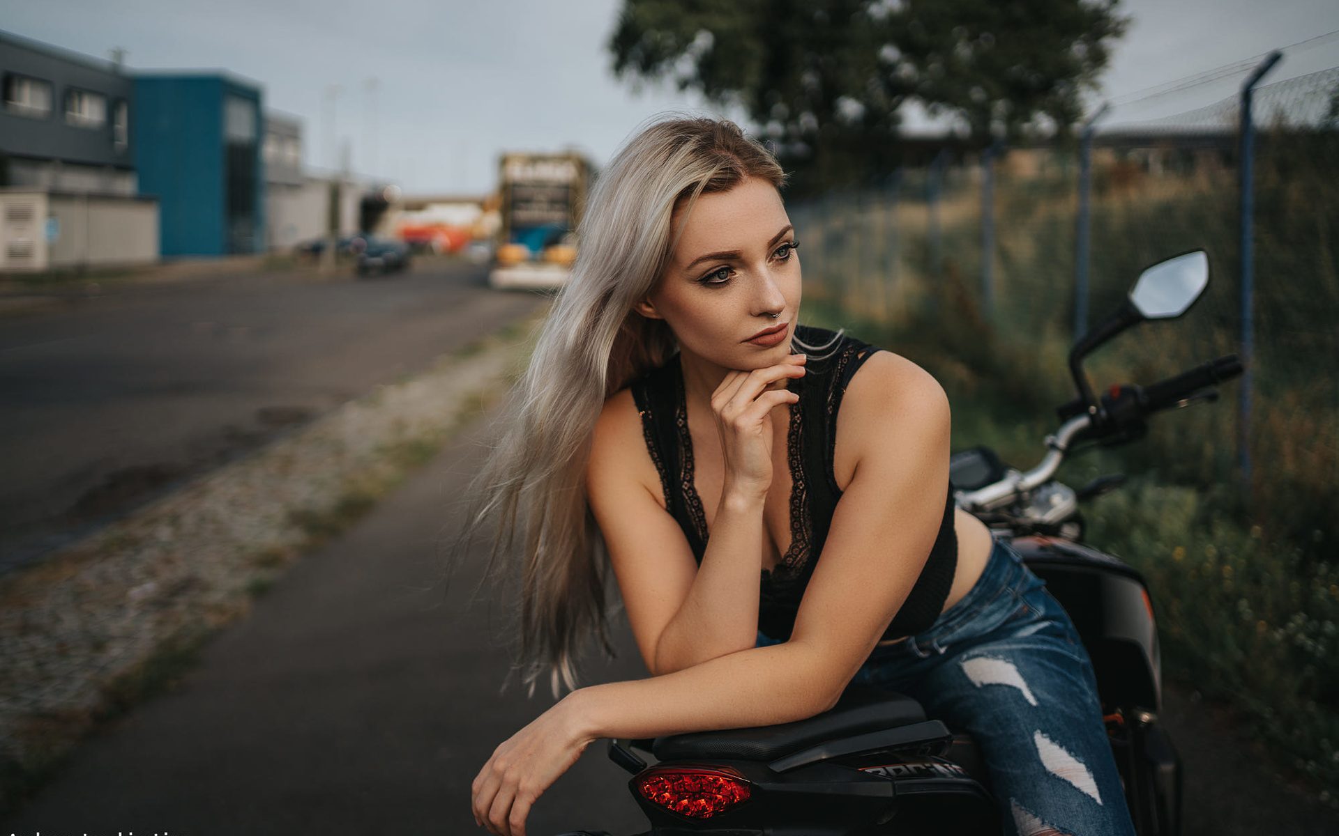 women, long hair, torn jeans, women with motorcycles, nose ring, brunette, andreas-joachim lins, women outdoors, looking away