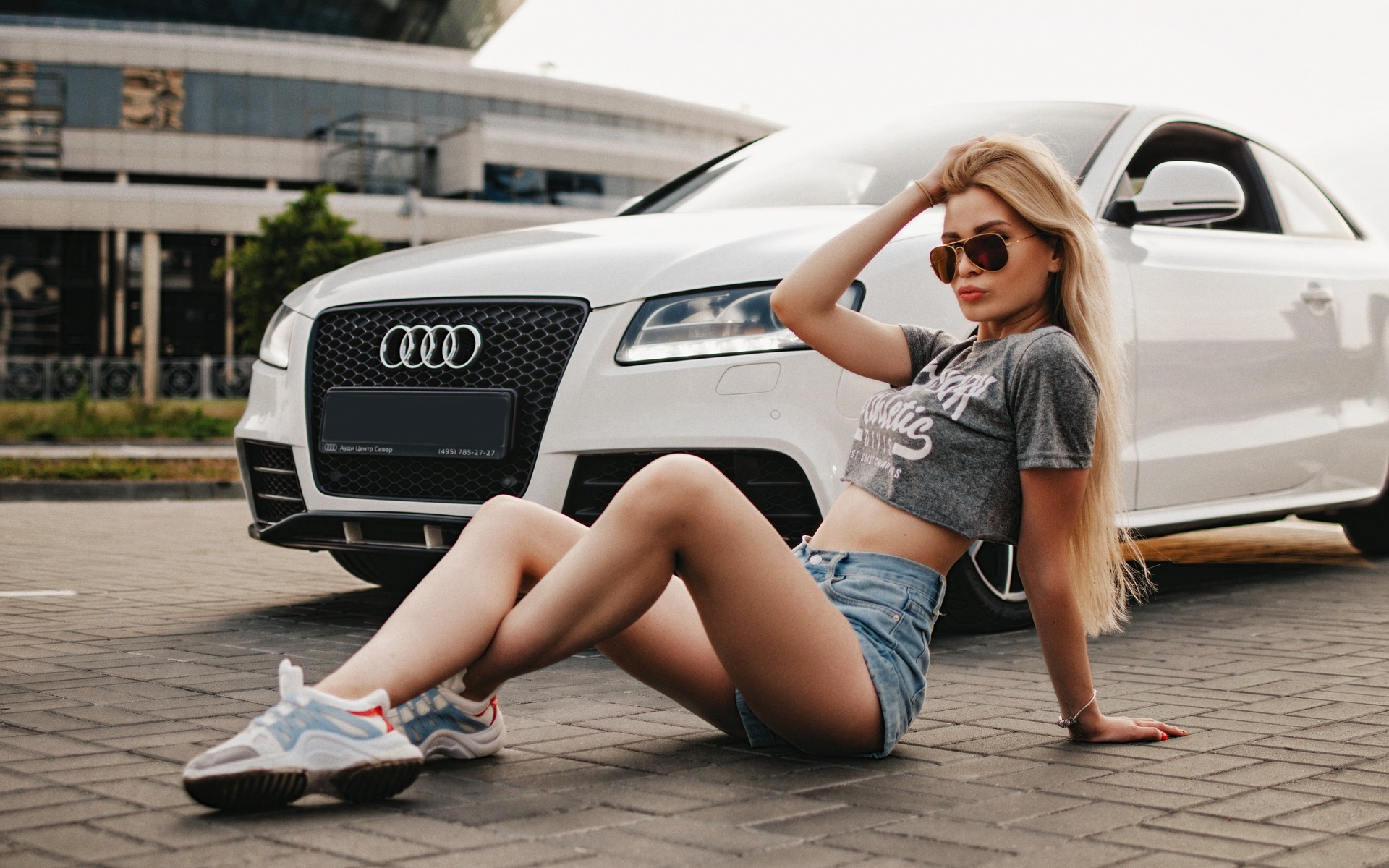 women, blonde, long hair, sunglasses, jean shorts, sneakers, sitting, audi, crop top, belly, women outdoors, brunette, red nails