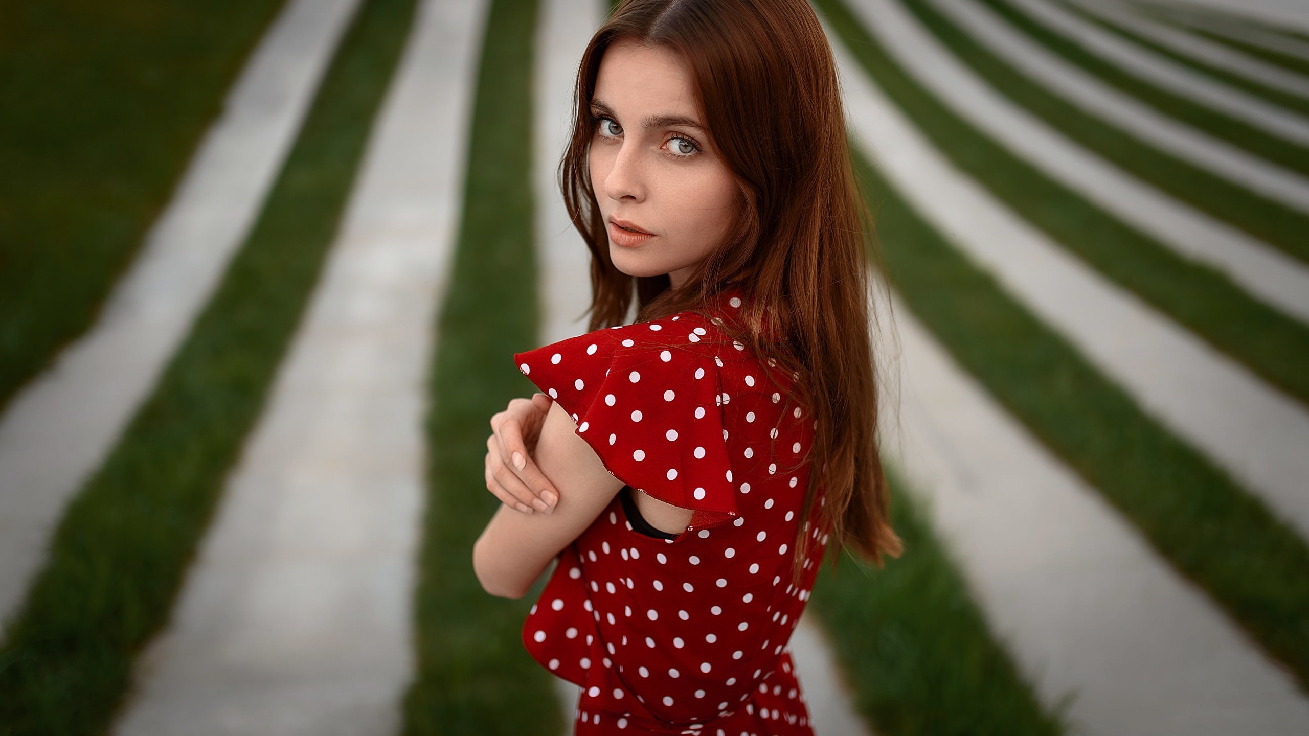 women, portrait, red dress, polka dots, women outdoors, grass