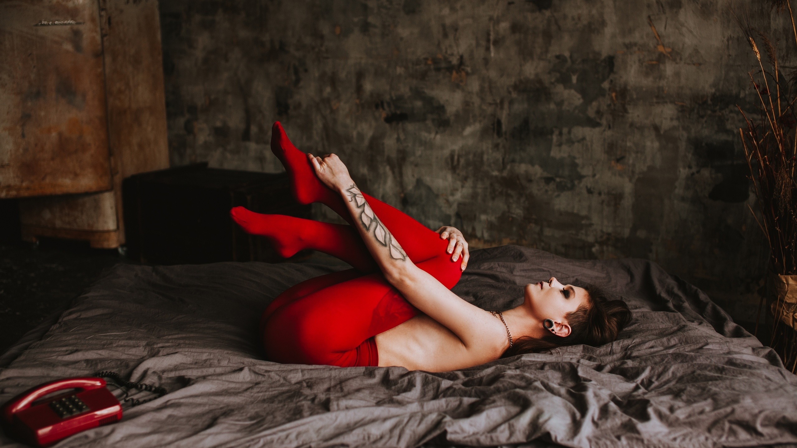 women, phone, ass, tattoo, topless, ribs, fridge, wall, feet in the air, leggings, closed eyes, in bed