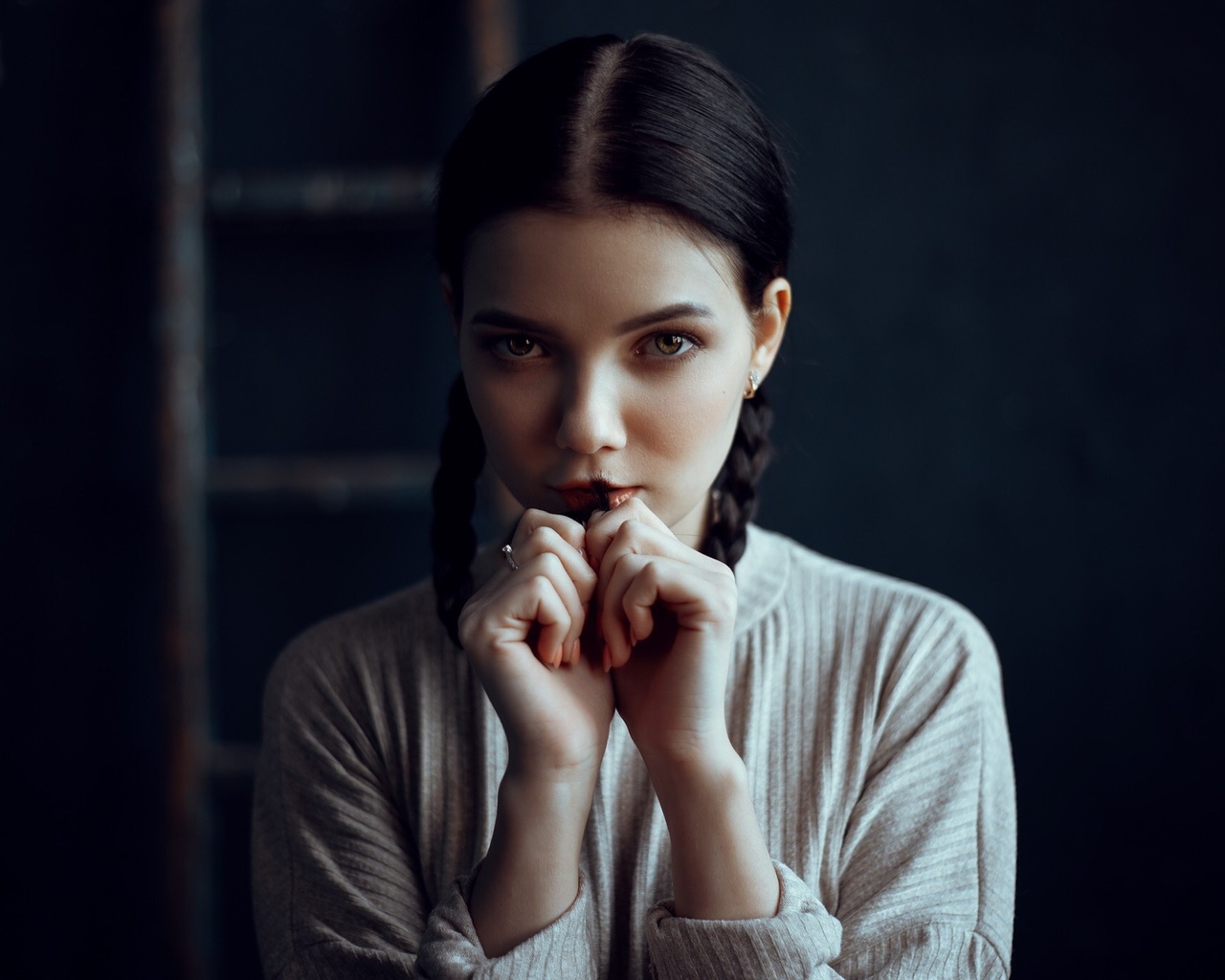 victoria sokolova, women, pigtails, face, portrait, hands in hair, ladders