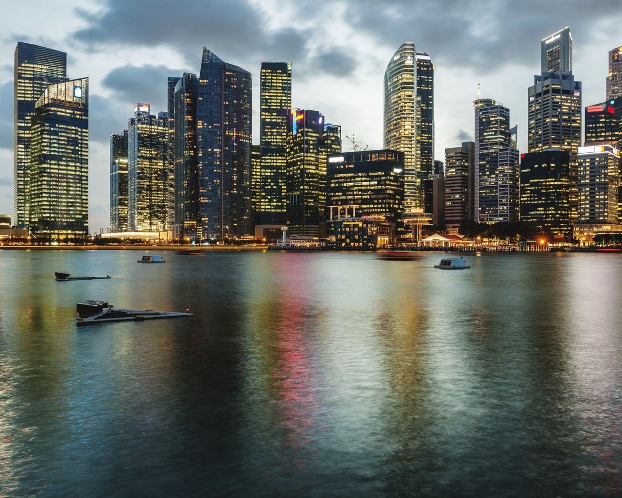 singapore, evening, sunset, skyscrapers, singapore cityscape, city lights, metropolis, asia