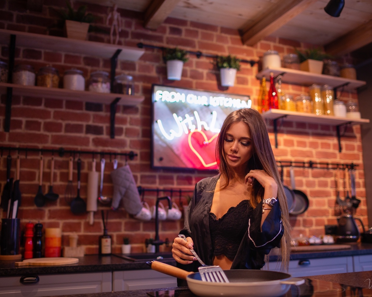 women, vitaly skitaev, kitchen, black lingerie, bricks, black bras, watch, long hair, brunette, neon