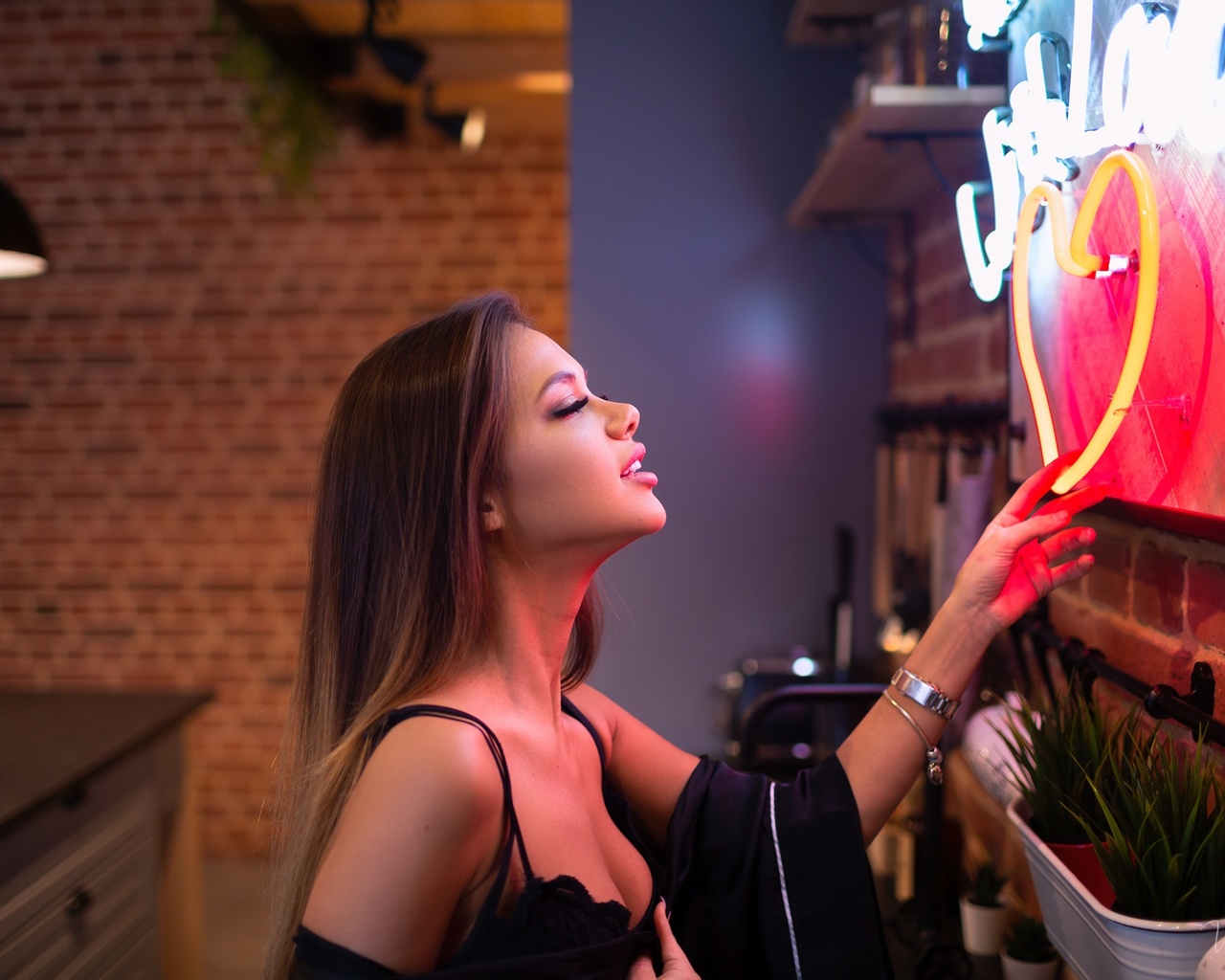 women, vitaly skitaev, kitchen, black lingerie, portrait, black bras, neon, long hair, watch, brunette