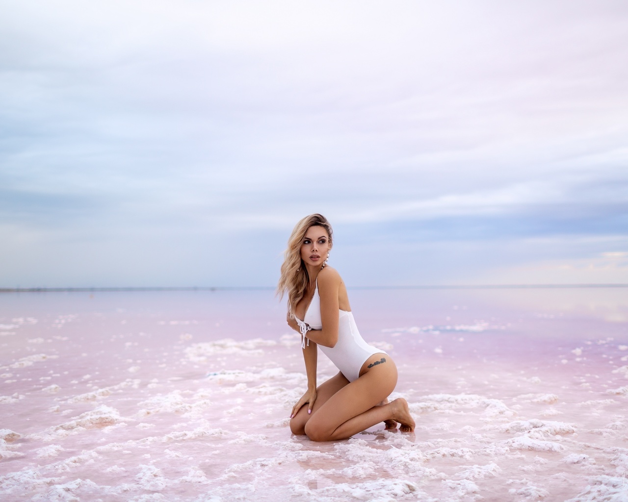 women, vitaly skitaev, blonde, kneeling, ass, water, cleavage, swimwear, one-piece swimsuit, brunette, women outdoors, pink nails, tattoo