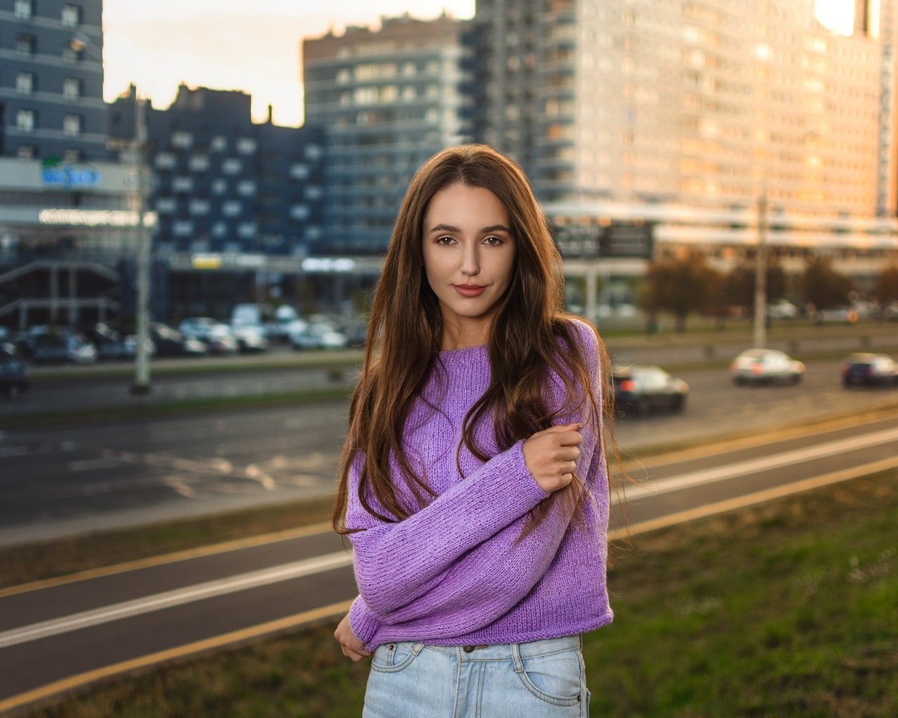 women, portrait, smiling, sweater, long hair, building, women outdoors, highway, arms crossed, dmitry medved