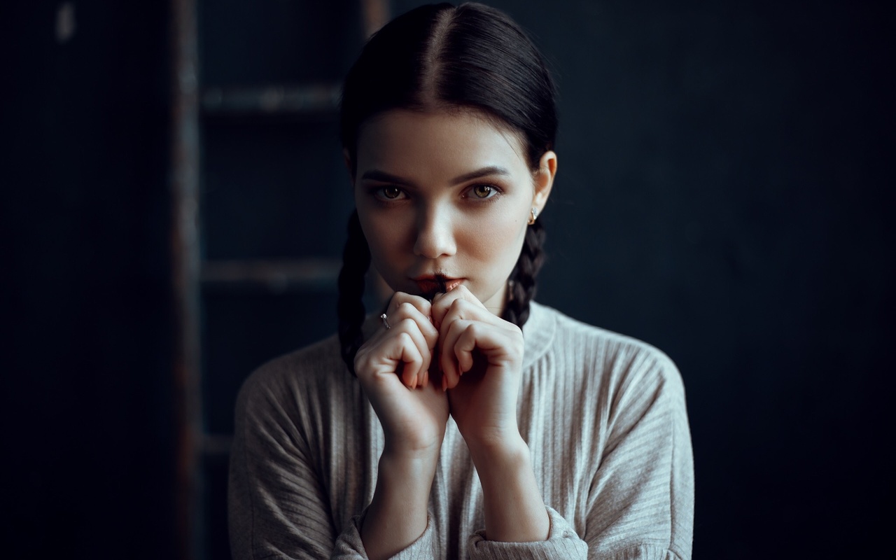 victoria sokolova, women, pigtails, face, portrait, hands in hair, ladders