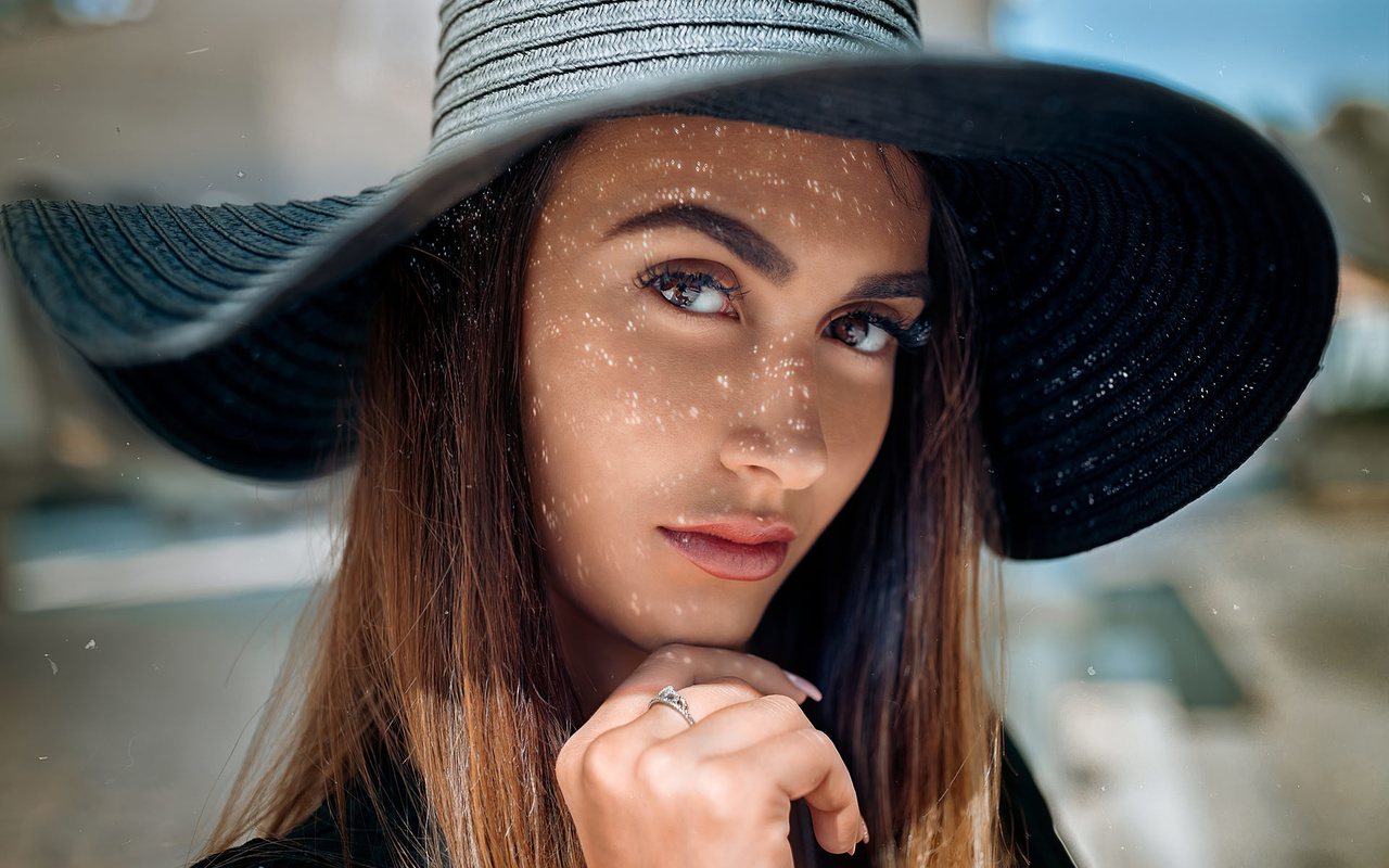 women, hat, face, portrait, brown eyes, brunette