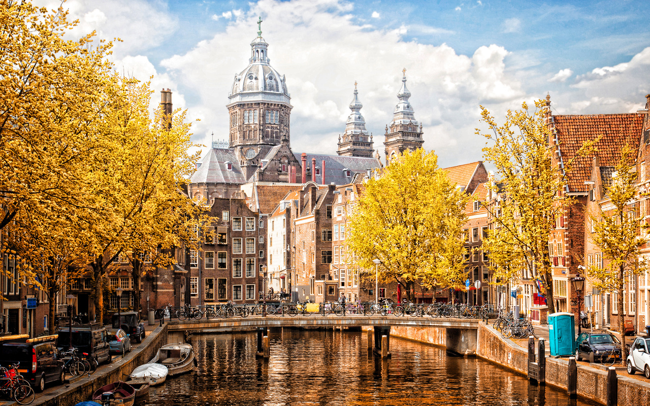 basilica of saint nicholas, amsterdam, autumn, cityscape, river, yellow trees, amsterdam landmark, netherlands