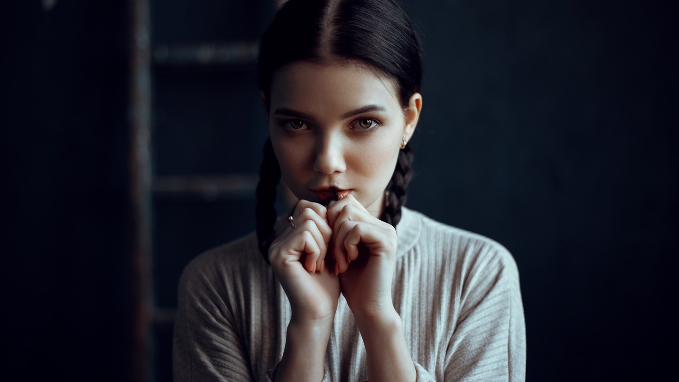 victoria sokolova, women, pigtails, face, portrait, hands in hair, ladders