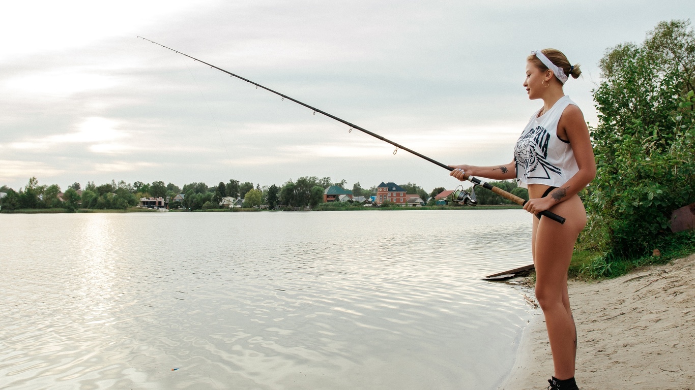 women, fishing rod, ass, sneakers, water, hoop earrings, black panties, smiling, women outdoors, sky, clouds, tattoo, tank top, painted nails, brunette, hairband