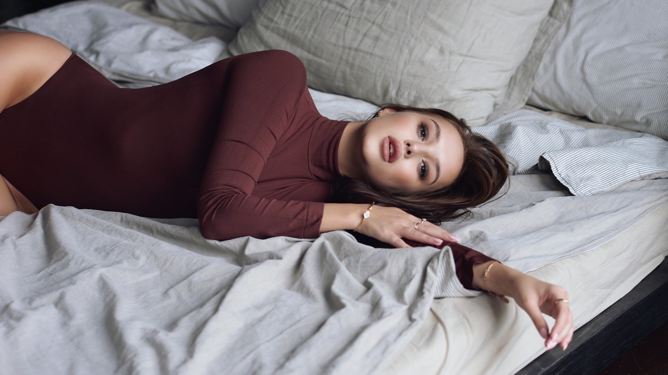 women, brunette, leotard, pillow, pierced nose, in bed, pink nails, ribs, brown eyes, pink lipstick, hips