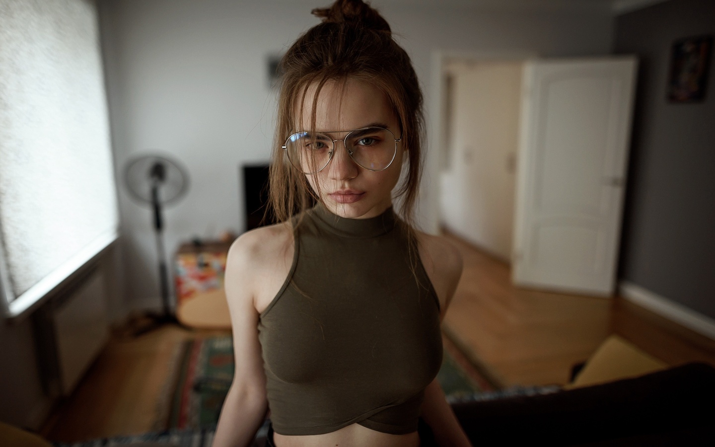 women, portrait, hairbun, window, door, women indoors, women with glasses