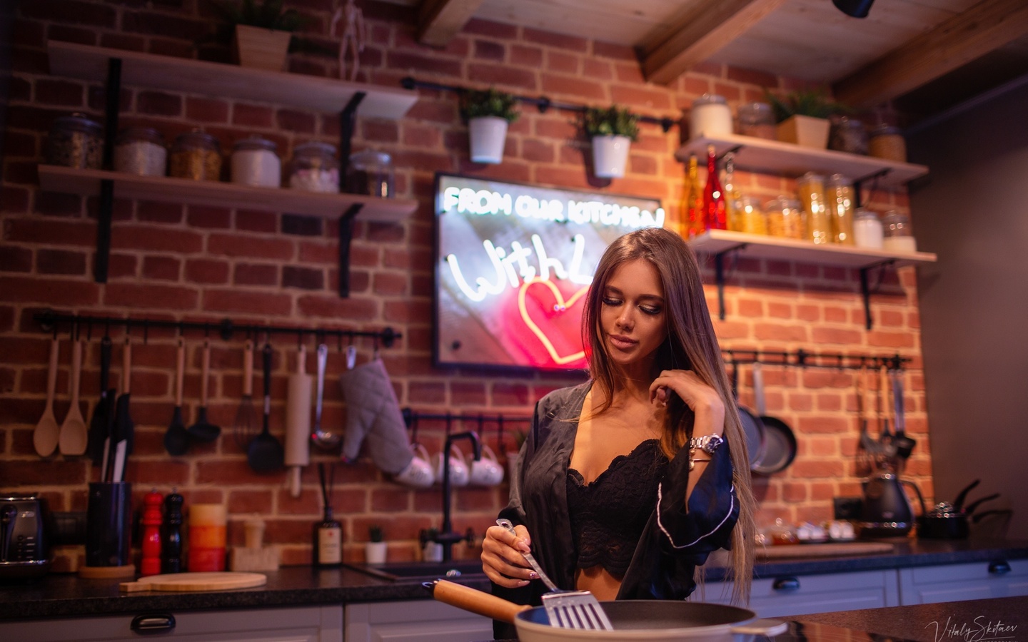 women, vitaly skitaev, kitchen, black lingerie, bricks, black bras, watch, long hair, brunette, neon