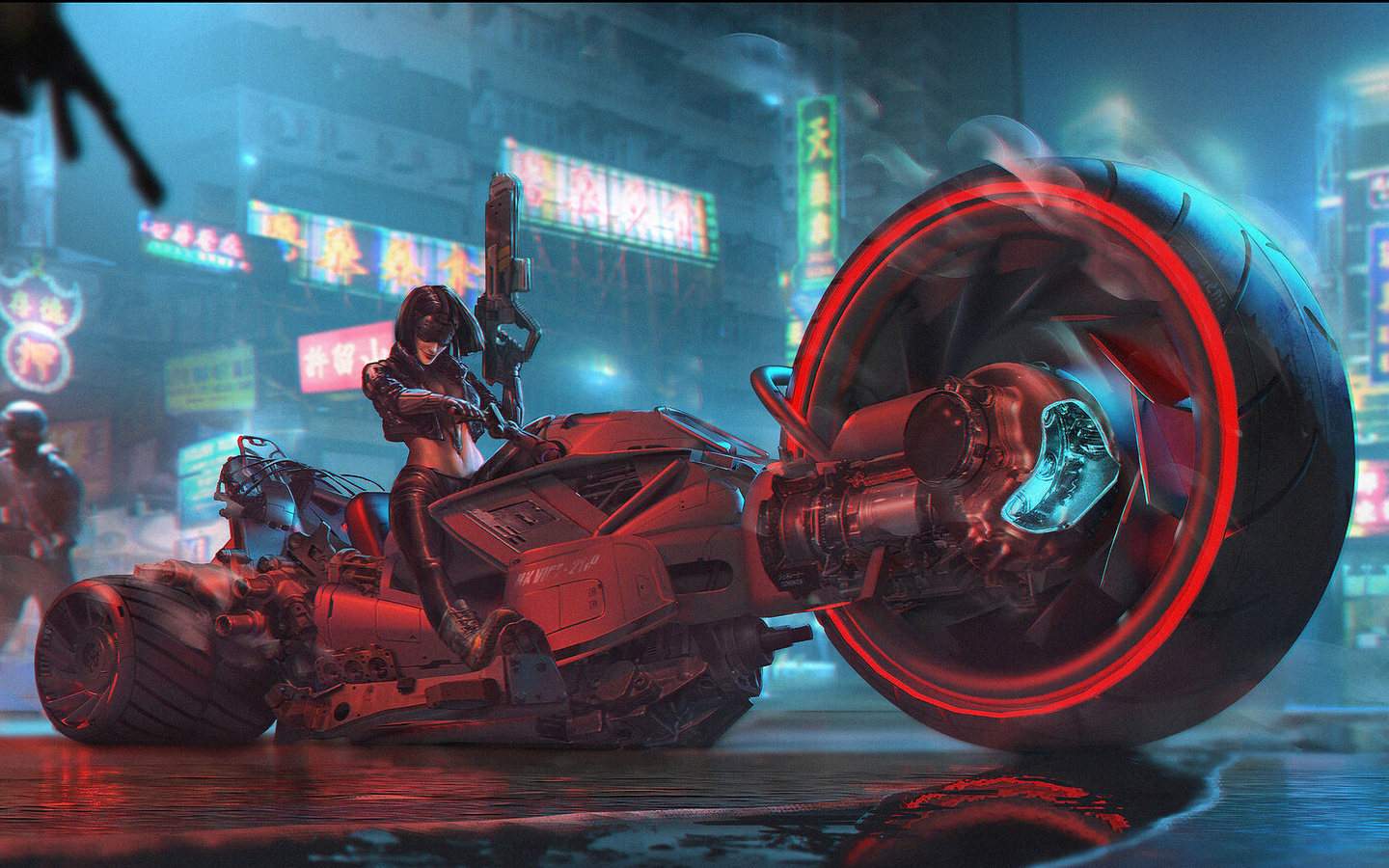 cyberpunk, hyper bike, soldiers, girl in glasses