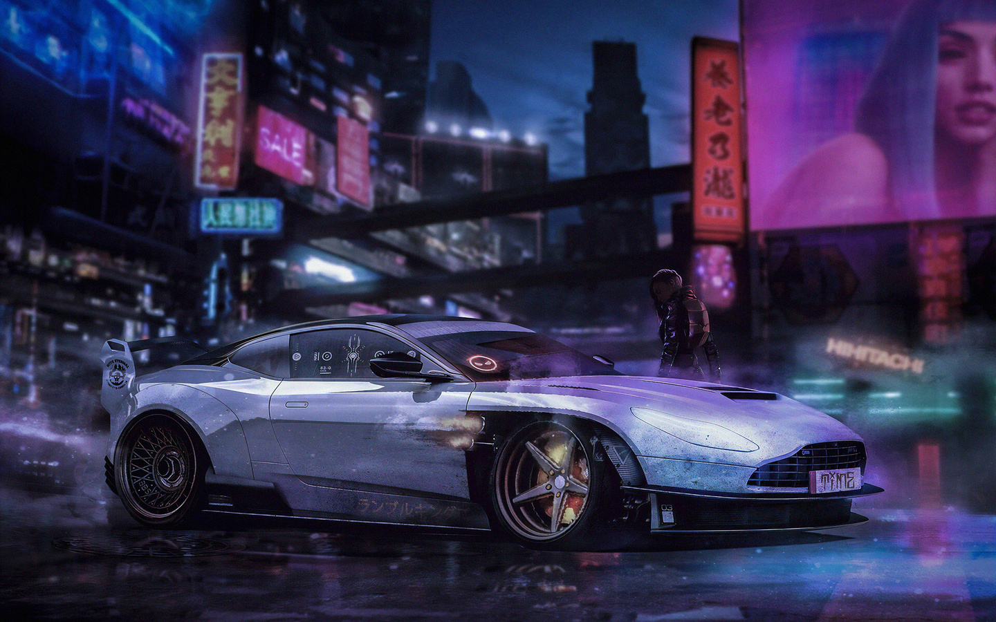 cyberpunk, vehicle, aston martin, hihitachi