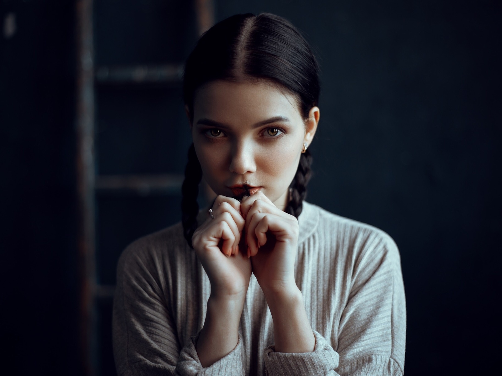 victoria sokolova, women, pigtails, face, portrait, hands in hair, ladders