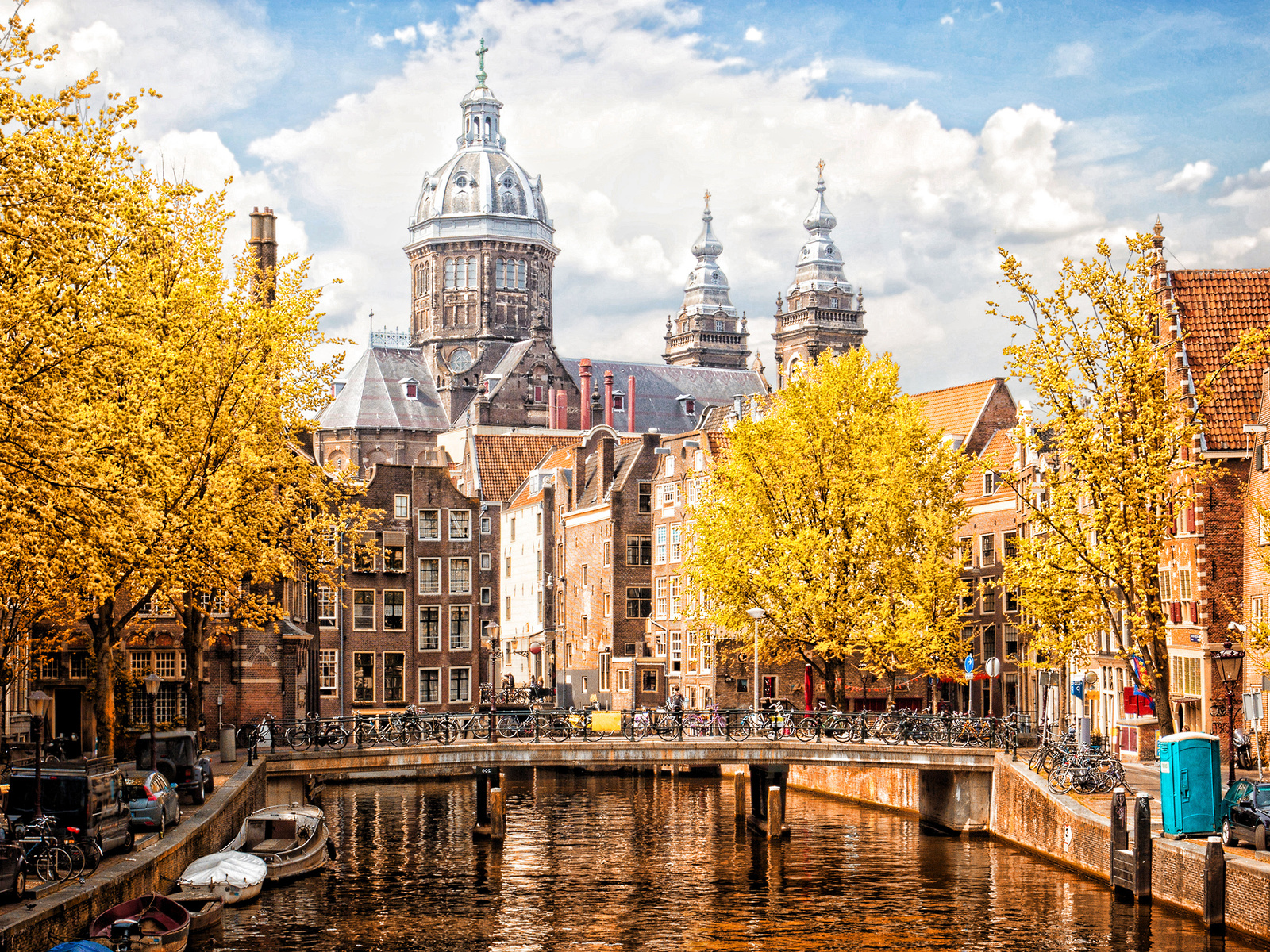 basilica of saint nicholas, amsterdam, autumn, cityscape, river, yellow trees, amsterdam landmark, netherlands