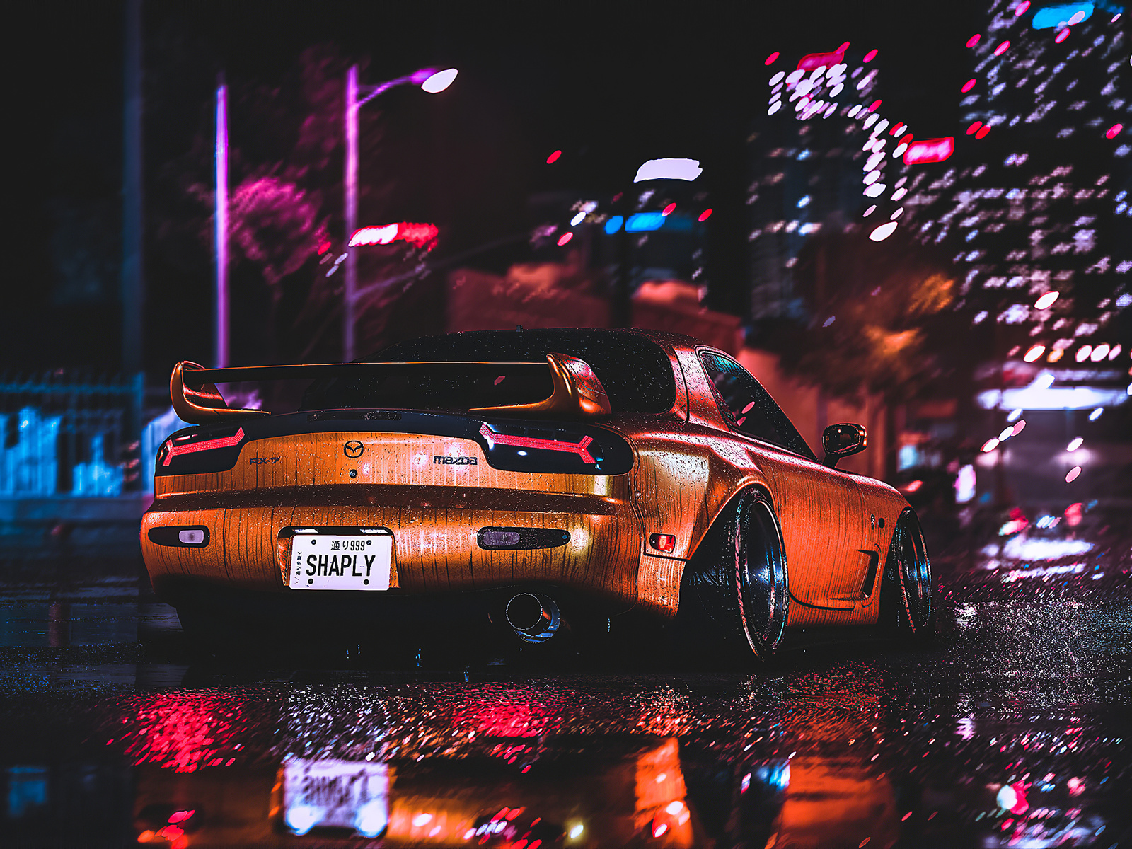 mazda, rx7, city, night, lights