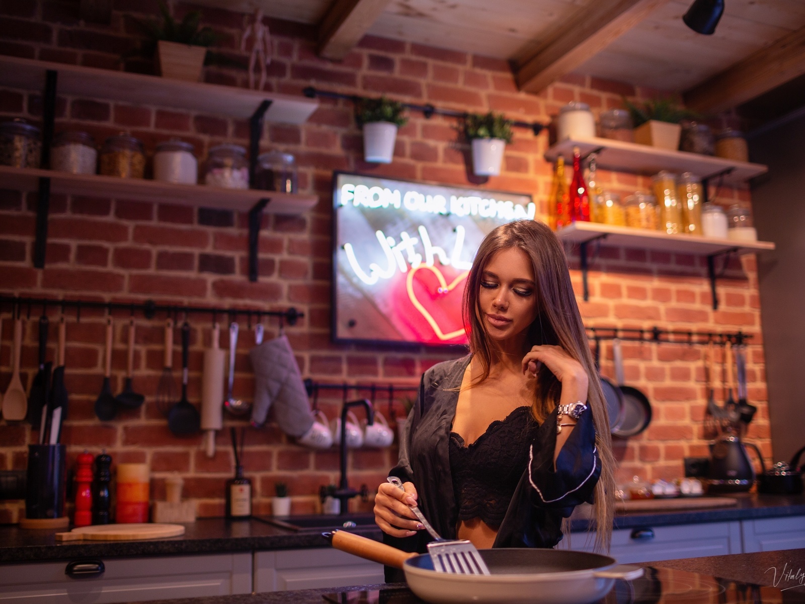 women, vitaly skitaev, kitchen, black lingerie, bricks, black bras, watch, long hair, brunette, neon