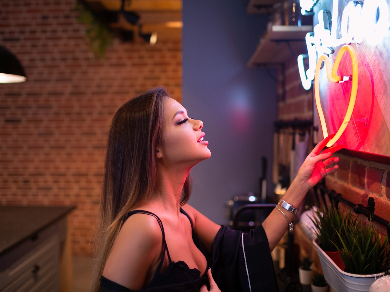 women, vitaly skitaev, kitchen, black lingerie, portrait, black bras, neon, long hair, watch, brunette