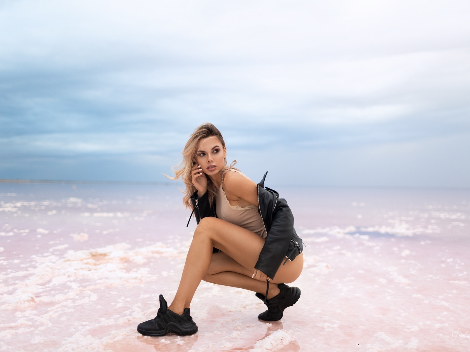 women, vitaly skitaev, squatting, leather jackets, sneakers, brunette, ass, women outdoors, pink nails, nipple through clothing, water