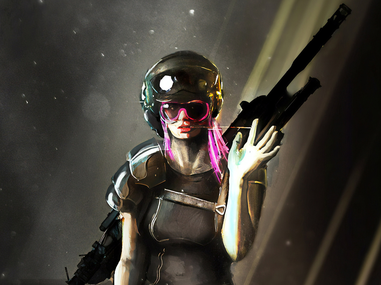 cyberpunk, pink hair, girl, cop, sniper