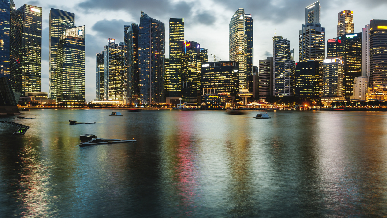 singapore, evening, sunset, skyscrapers, singapore cityscape, city lights, metropolis, asia