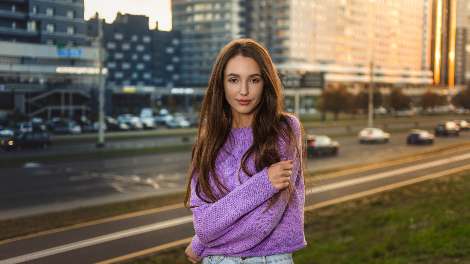 women, portrait, smiling, sweater, long hair, building, women outdoors, highway, arms crossed, dmitry medved