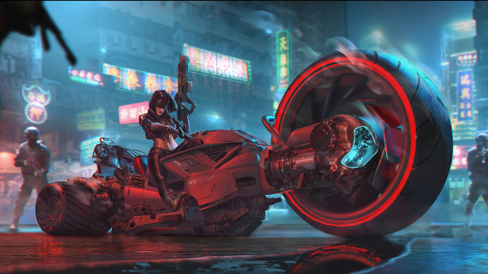 cyberpunk, hyper bike, soldiers, girl in glasses