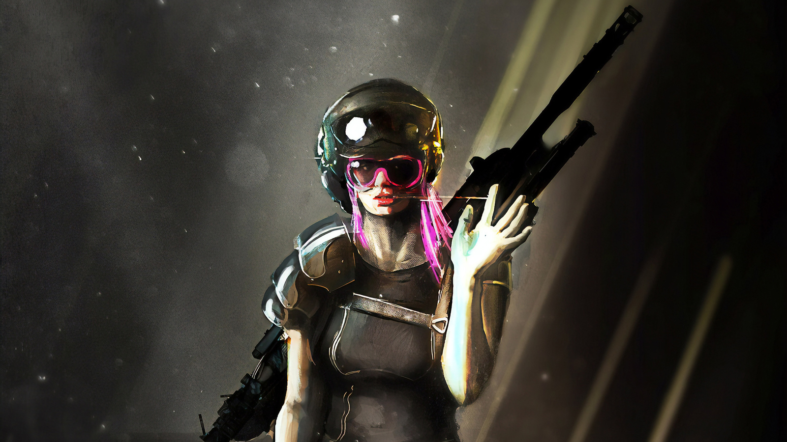 cyberpunk, pink hair, girl, cop, sniper