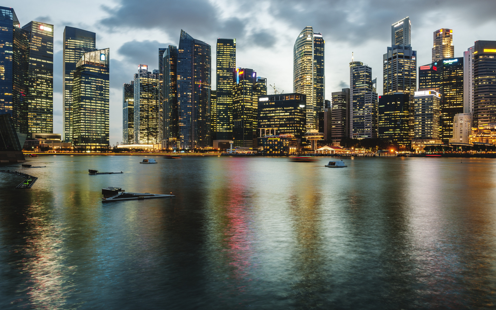 singapore, evening, sunset, skyscrapers, singapore cityscape, city lights, metropolis, asia