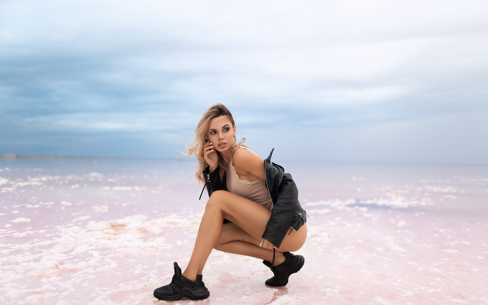 women, vitaly skitaev, squatting, leather jackets, sneakers, brunette, ass, women outdoors, pink nails, nipple through clothing, water